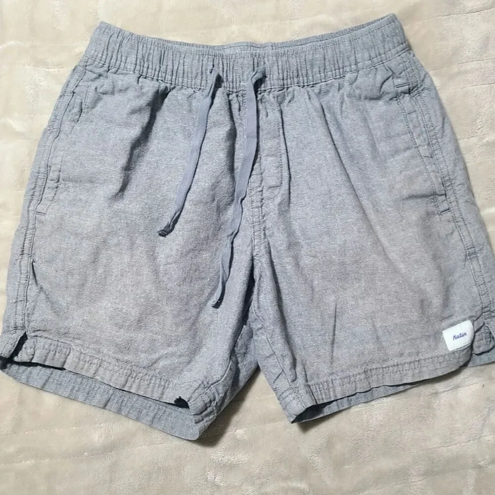 Katin Mens Elastic Waist Shorts Gray Blue Cotton Linen Drawstring Beach XS